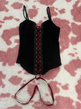 Y2K Black Corset Cami Top Small Goth Coquette Lace Up Bustier Red Ribbon Club